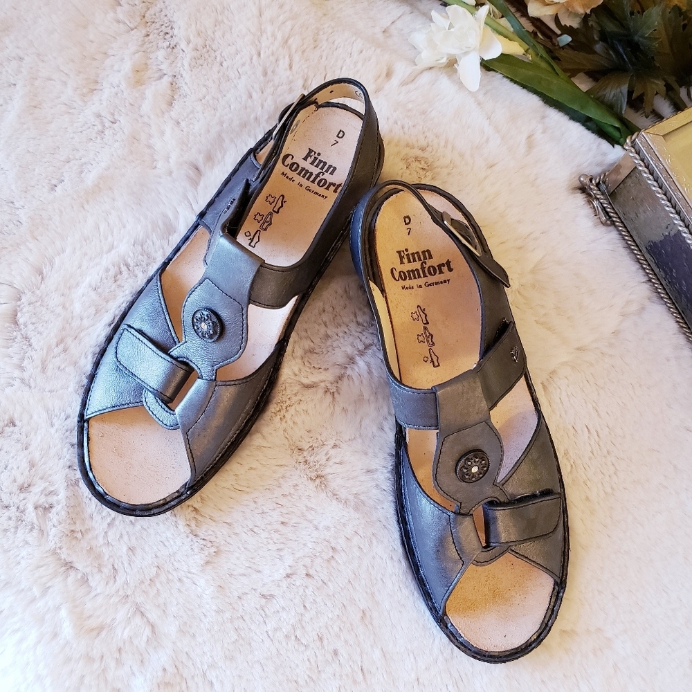 FINN COMFORT Adana Pewter Corten Leather T Strap Sling Silver Sandal Women US9.5 - Picture 2 of 16